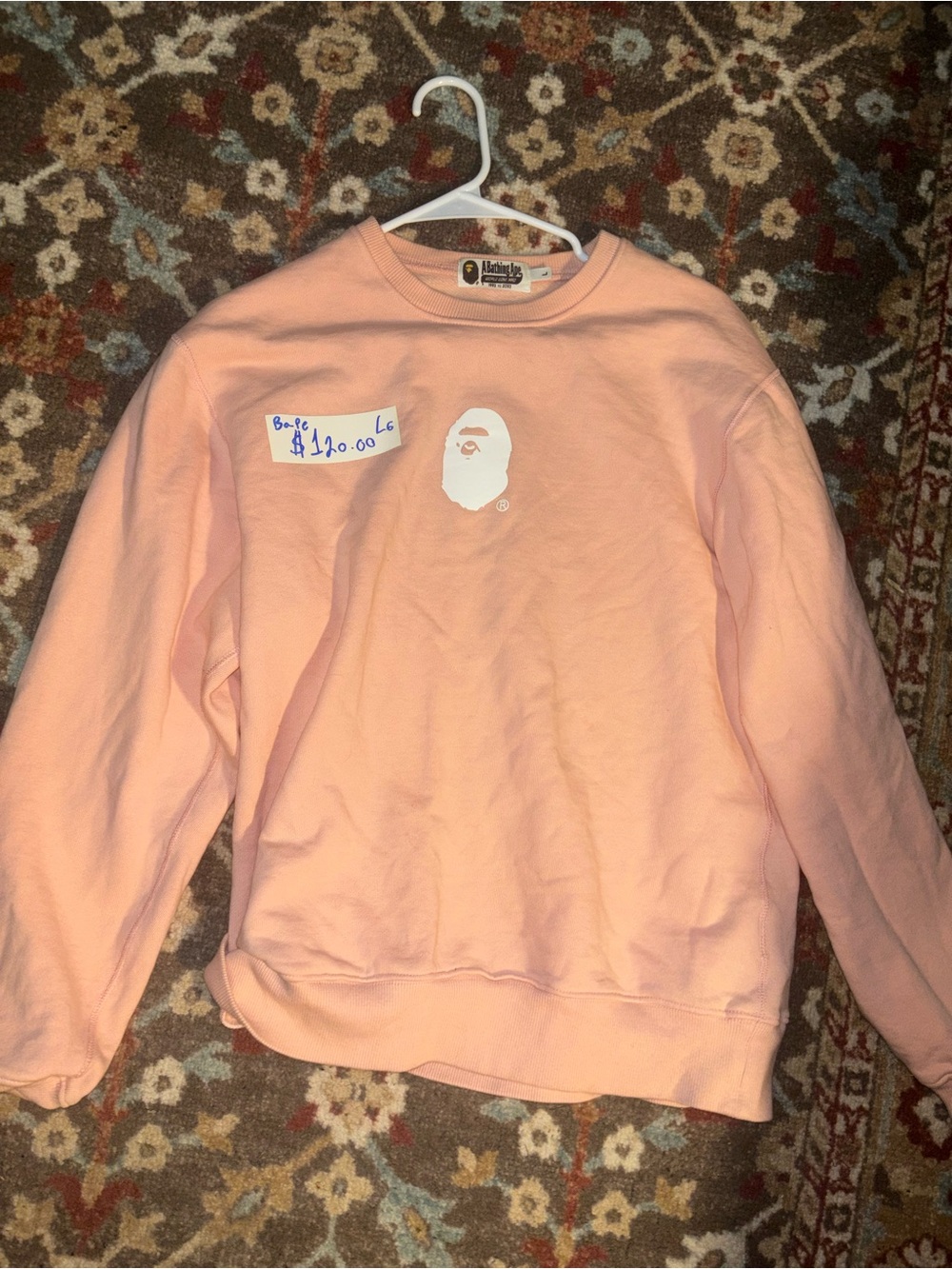 BAPE A Bathing Ape Pink  Crewneck Sweatshirt with White Ape Head